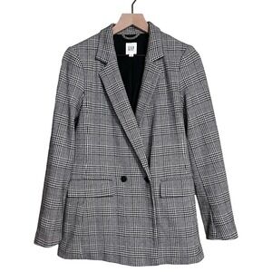 GAP Black & White Houndstooth Plaid Classic Girlfriend Grid Blazer Sz 6 Longline